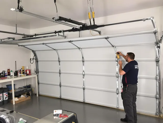 Farmington Garage Door Repair certified technician performing overhead door system repair in Farmington